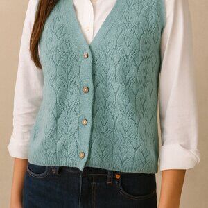 JDY Vintage Y2K SZ S Cable Knit Button Front Vest Green Diamond Gold Buttons